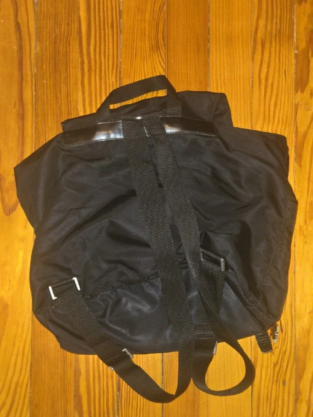 Prada Black Nylon Drawstring Backpack with Leather Trim